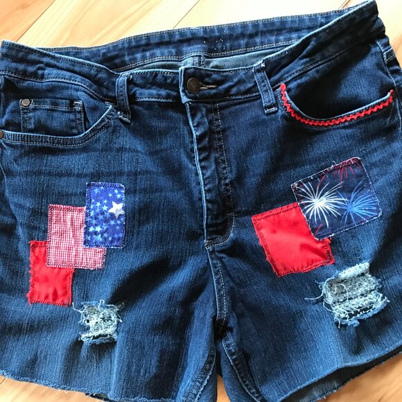 Upcycled Ripped Denim Cutoff Jean Shorts, Fireworks Patriotic Patchwork, Size 16 - Picture 13 of 13